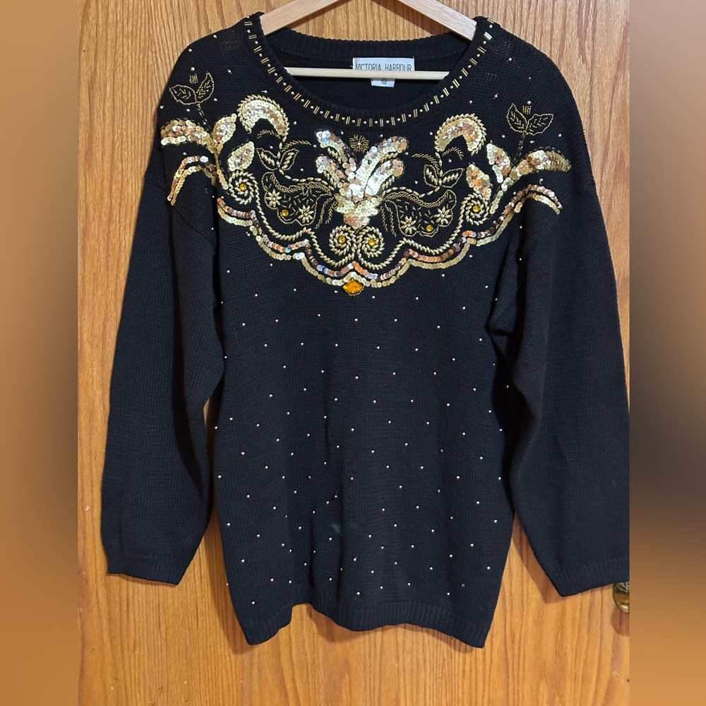 Vintage 90s Victoria Harbour Black gold Women's Sweater Size L shoulder pads